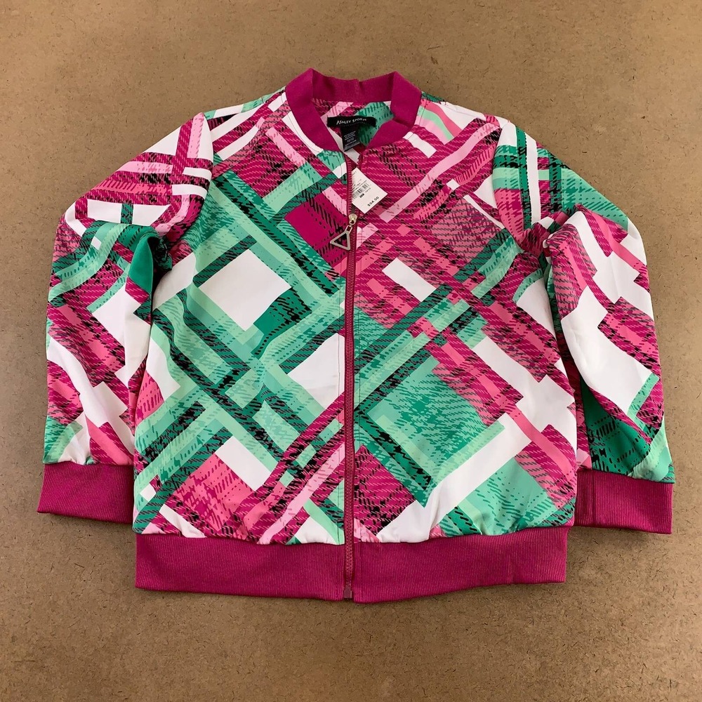 Ashley Stewart Sport Womens Jacket Coat Multicolor Plaid Full Zip 10-12 New